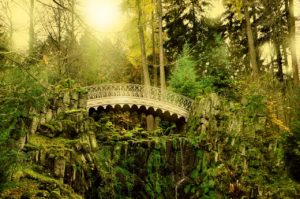 golden bridge amidst a green forest background image