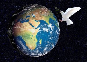 earth with white dove holding olive branch image