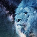 majestic lion with blue cosmic space background photo