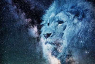 majestic lion with blue cosmic space background photo